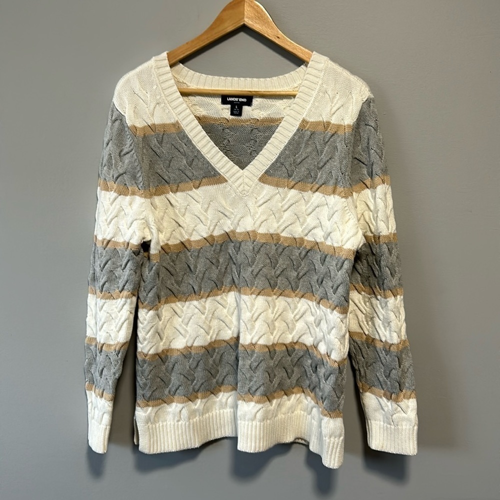 Lands’ End Coastal Stripe Cable Knit Sweater